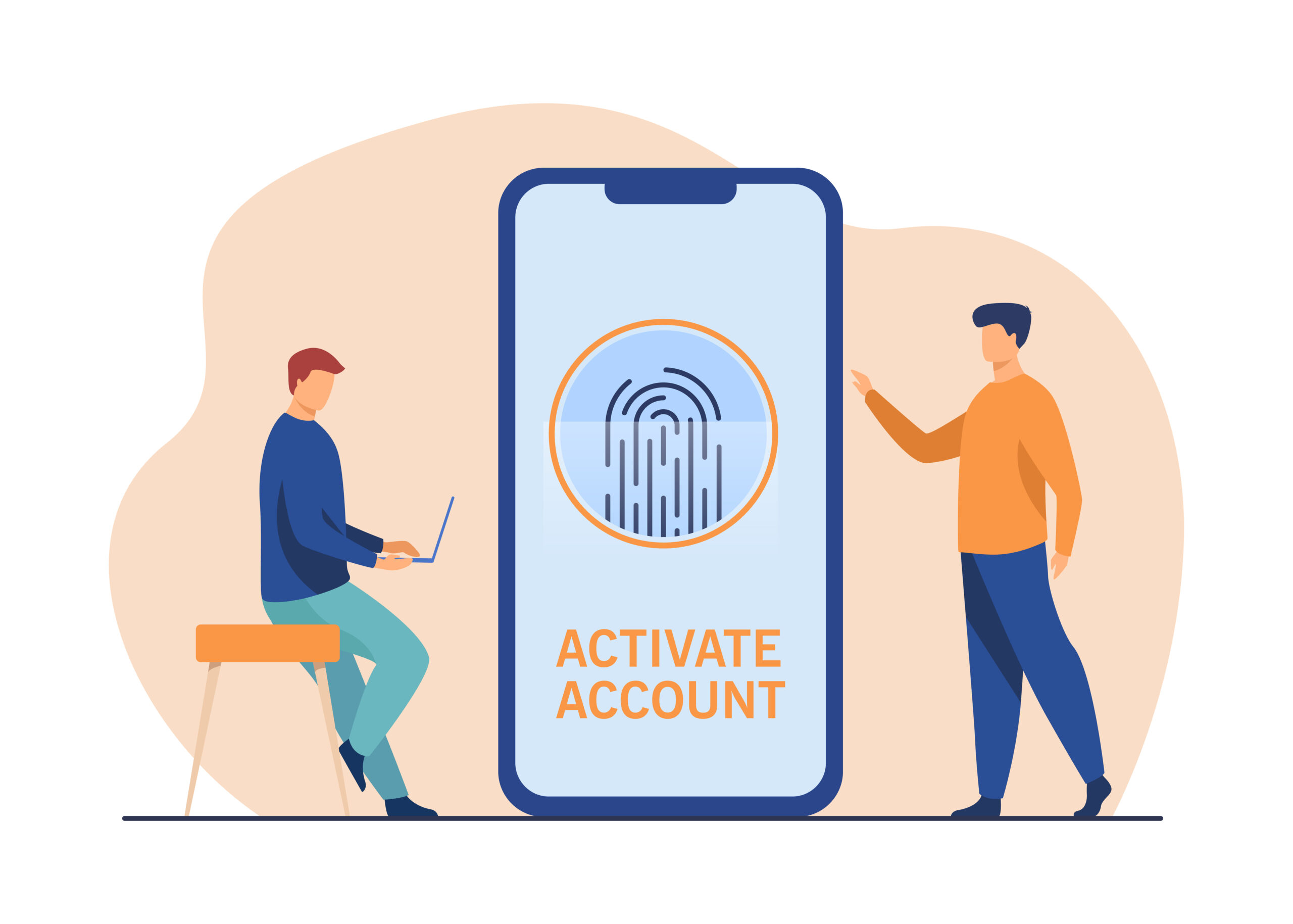 Phone user activating account with fingerprint. Smartphone screen, biometric identity. Flat vector illustration. Cyber security, data protection concept for banner, website design or landing web page